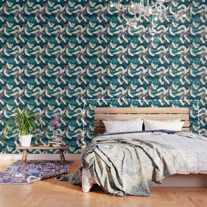 Japanese Crane Oriental Teal Ocean Pattern Wallpaper Gallery Image 3