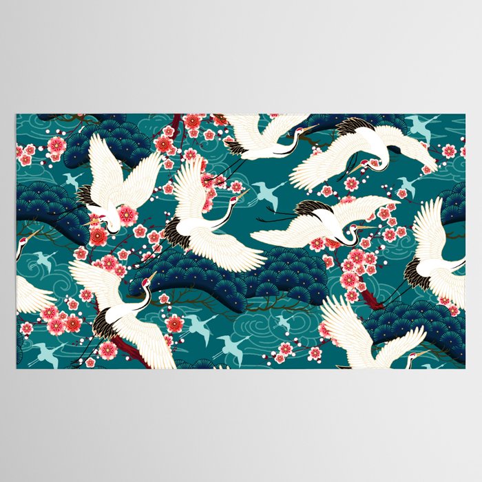 Japanese Crane Oriental Teal Ocean Pattern Tablecloth Gallery Image 2