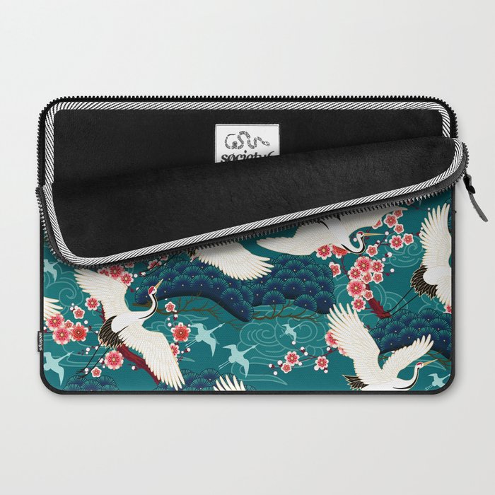 Japanese Crane Oriental Teal Ocean Pattern Laptop Sleeve Gallery Image 2