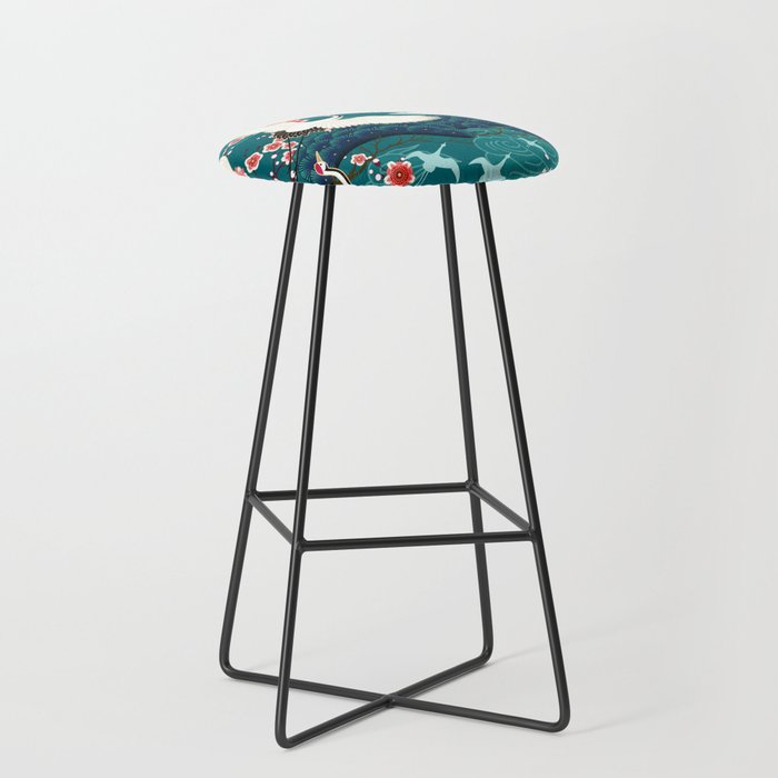 Japanese Crane Oriental Teal Ocean Pattern Stool Gallery Image 1