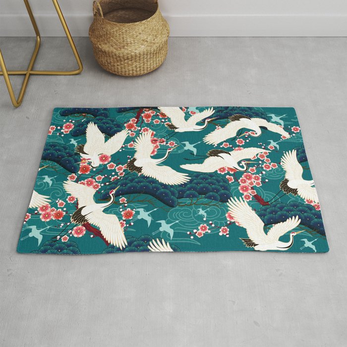 Japanese Crane Oriental Teal Ocean Pattern Rug Gallery Image 1