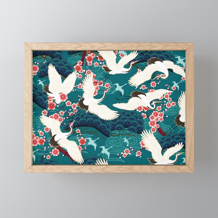 Japanese Crane Oriental Teal Ocean Pattern Mini Art Print Gallery Image 1