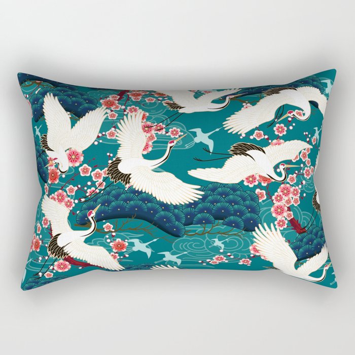 Japanese Crane Oriental Teal Ocean Pattern Rectangular Pillow Gallery Image 2