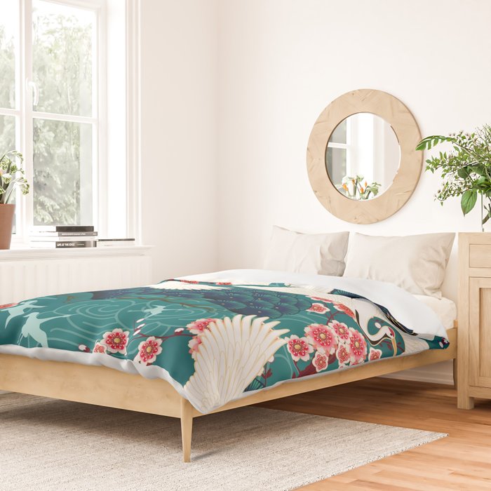 Japanese Crane Oriental Teal Ocean Pattern Duvet Cover Gallery Image 2