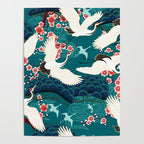 Japanese Crane Oriental Teal Ocean Pattern Poster Gallery Image 4