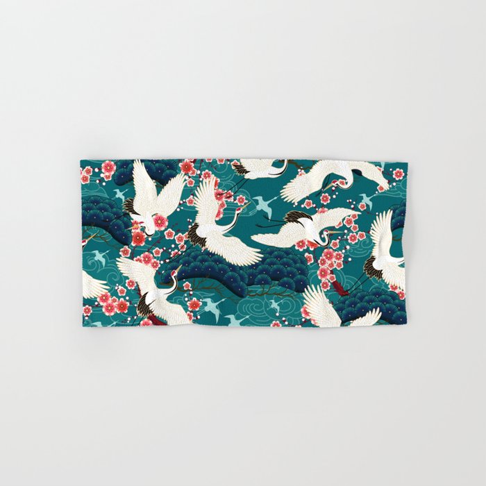 Japanese Crane Oriental Teal Ocean Pattern Bath Towel Gallery Image 1