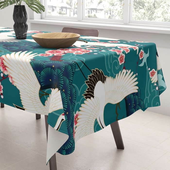Japanese Crane Oriental Teal Ocean Pattern Tablecloth Gallery Image 3