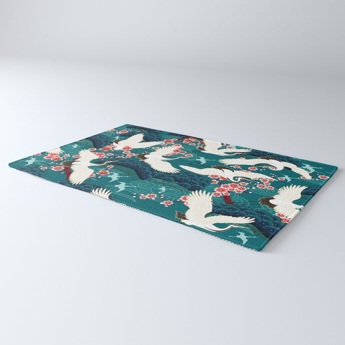 Japanese Crane Oriental Teal Ocean Pattern Rug Gallery Image 3