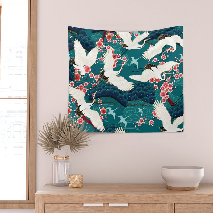 Japanese Crane Oriental Teal Ocean Pattern Wall Tapestry Gallery Image 2