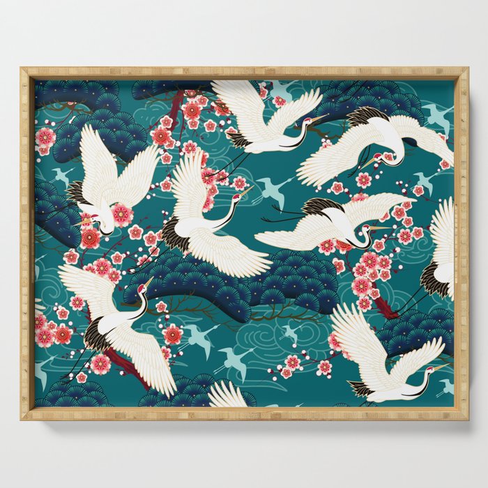Japanese Crane Oriental Teal Ocean Pattern Serving Tray Gallery Image 1