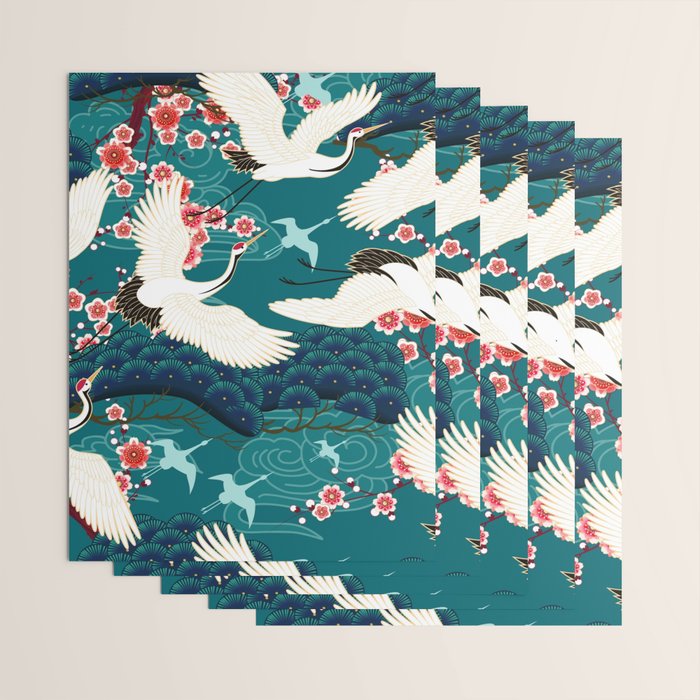 Japanese Crane Oriental Teal Ocean Pattern Wrapping Paper Gallery Image 3