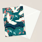 Japanese Crane Oriental Teal Ocean Pattern Stationery Card Gallery Image 2