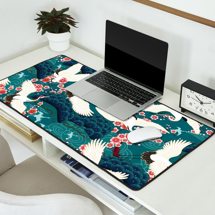 Japanese Crane Oriental Teal Ocean Pattern Desk Mat Gallery Image 2