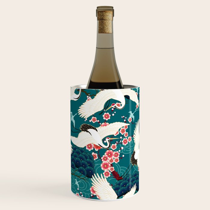 Japanese Crane Oriental Teal Ocean Pattern Wine Chiller Gallery Image 3