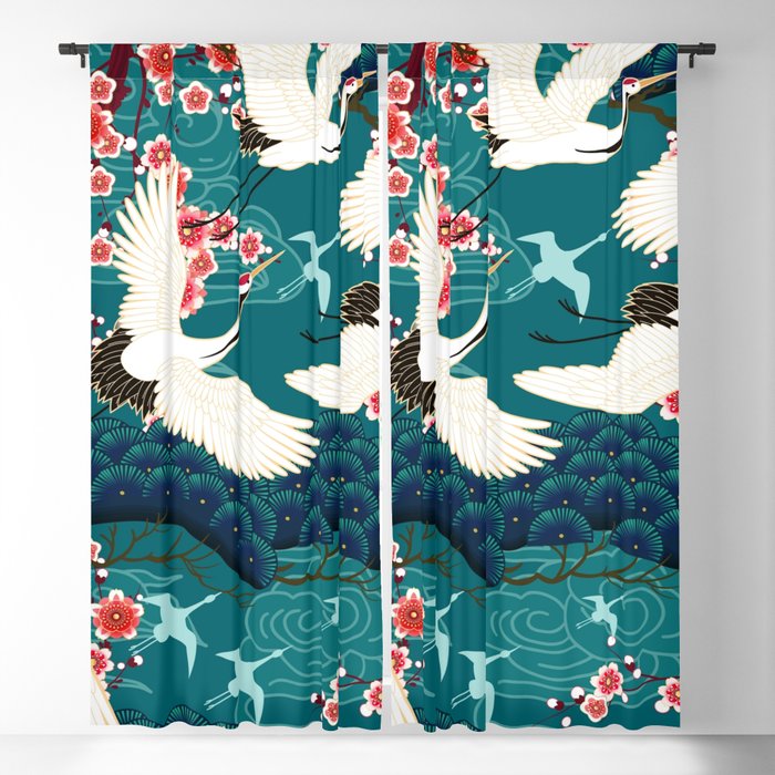 Japanese Crane Oriental Teal Ocean Pattern Window Curtain Gallery Image 5