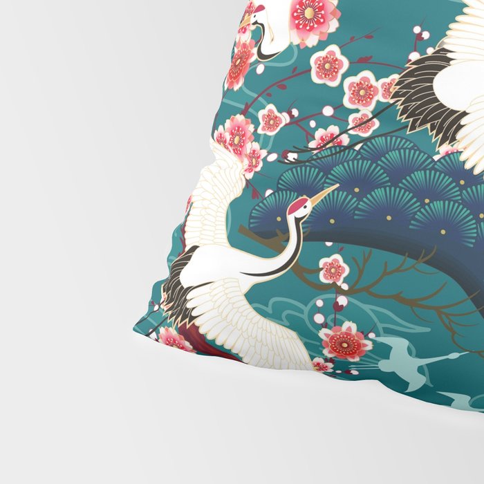 Japanese Crane Oriental Teal Ocean Pattern Pillow Sham Gallery Image 4