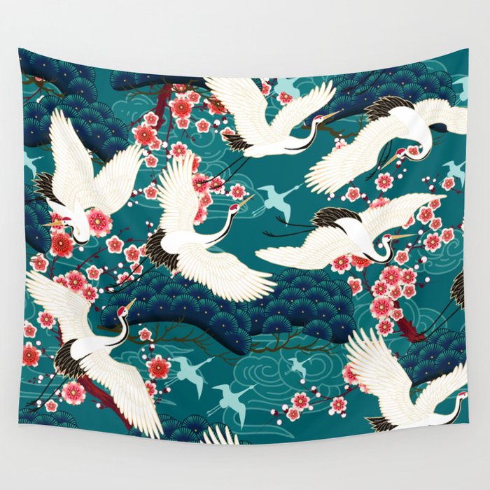 Japanese Crane Oriental Teal Ocean Pattern Wall Tapestry Gallery Image 4