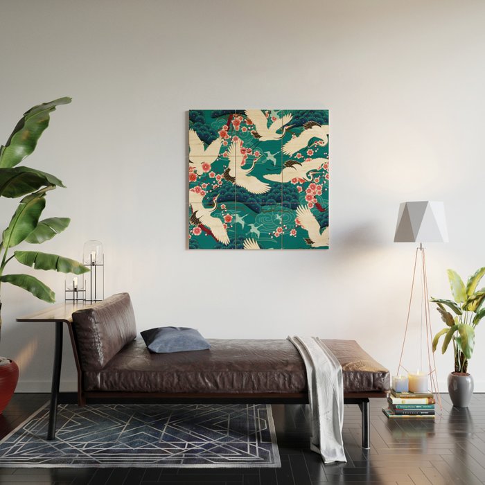 Japanese Crane Oriental Teal Ocean Pattern Wood Wall Art Gallery Image 2