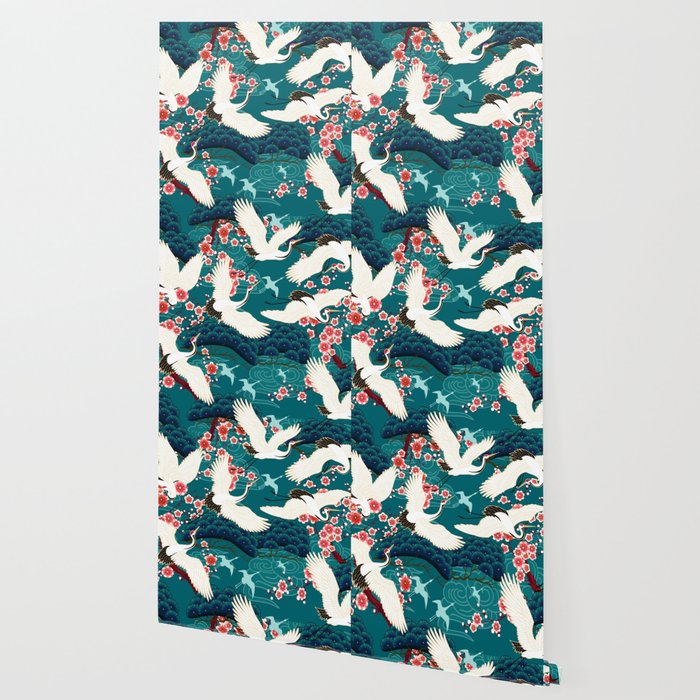 Japanese Crane Oriental Teal Ocean Pattern Wallpaper Gallery Image 2