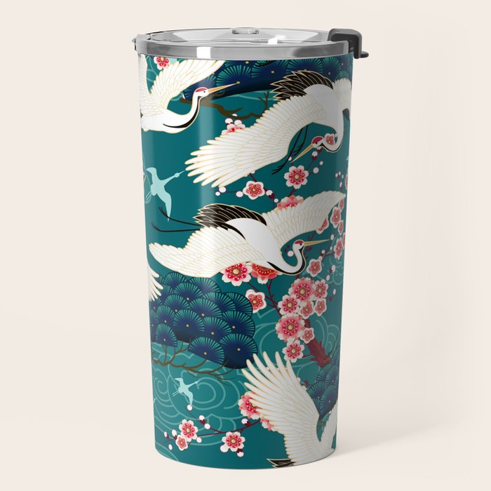 Japanese Crane Oriental Teal Ocean Pattern Travel Mug Gallery Image 2