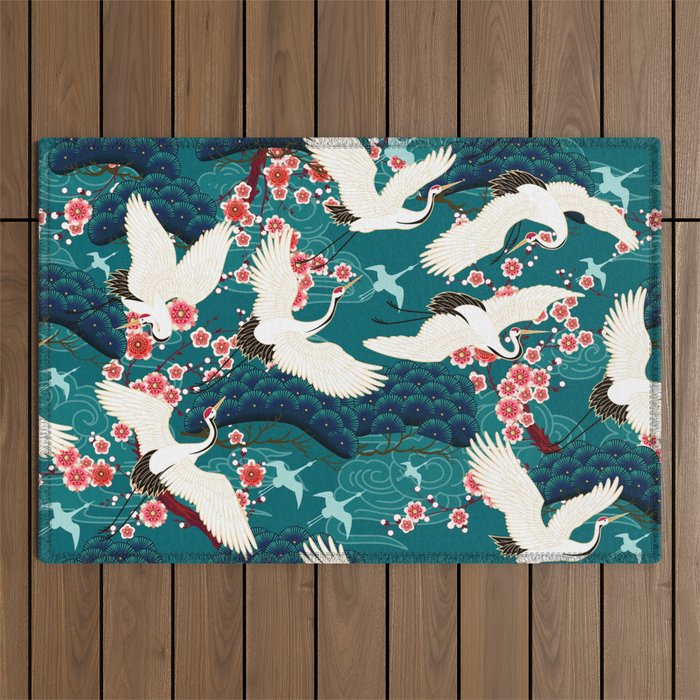 Japanese Crane Oriental Teal Ocean Pattern Outdoor Rug Gallery Image 1