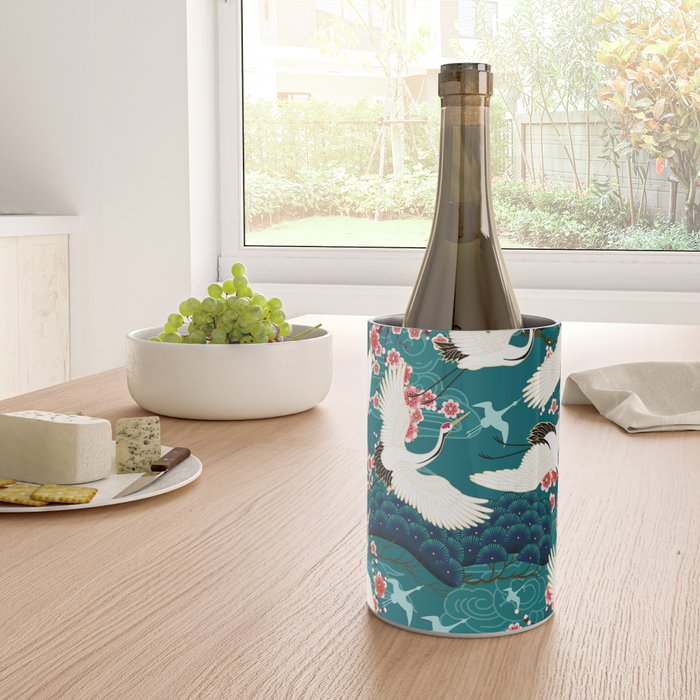 Japanese Crane Oriental Teal Ocean Pattern Wine Chiller Gallery Image 4