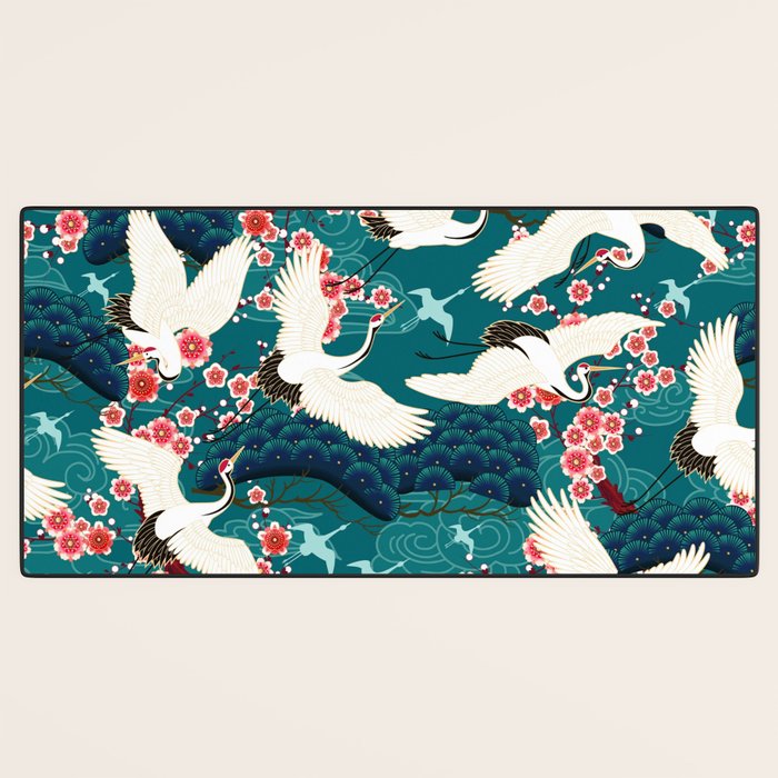 Japanese Crane Oriental Teal Ocean Pattern Desk Mat Gallery Image 3
