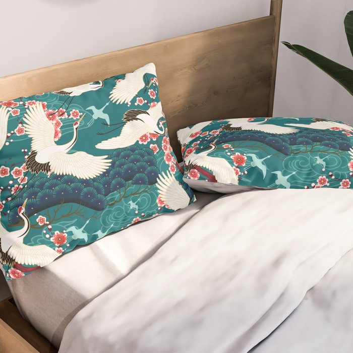 Japanese Crane Oriental Teal Ocean Pattern Pillow Sham Gallery Image 2