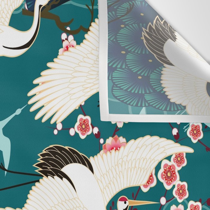 Japanese Crane Oriental Teal Ocean Pattern Wall Tapestry Gallery Image 3