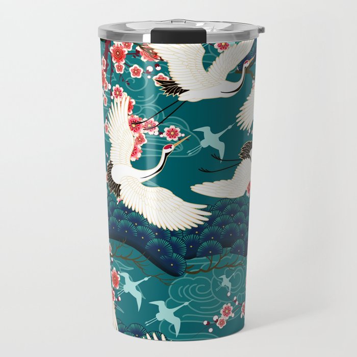 Japanese Crane Oriental Teal Ocean Pattern Travel Mug Gallery Image 1