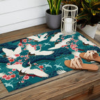 Japanese Crane Oriental Teal Ocean Pattern Outdoor Rug Gallery Image 2