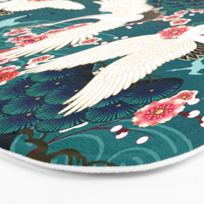 Japanese Crane Oriental Teal Ocean Pattern Bath Mat Gallery Image 3