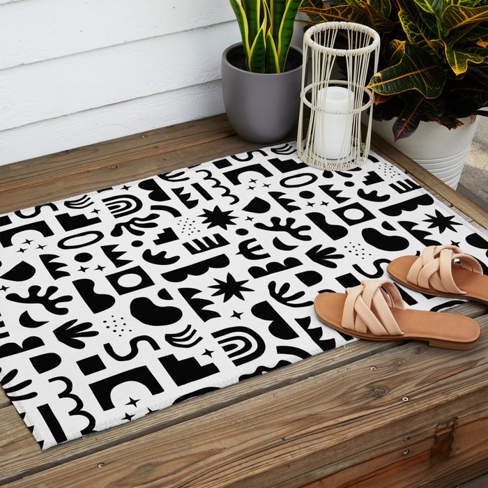 Black and white abstract organic shape pattern Outdoor Rug Gallery Image 2