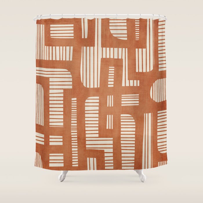 Terracotta Abstract Lines Artwork Hand Drawn Art Shower Curtain Gallery Image 1