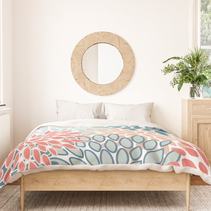 Festive, Floral Prints, Teal, Coral, Peach Duvet Cover Gallery Image 3