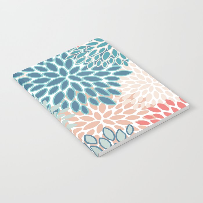 Festive, Floral Prints, Teal, Coral, Peach Notebook Gallery Image 1