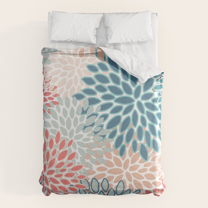 Festive, Floral Prints, Teal, Coral, Peach Duvet Cover Gallery Image 6