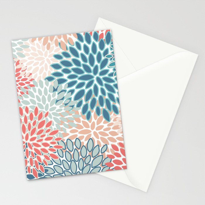 Festive, Floral Prints, Teal, Coral, Peach Stationery Card Gallery Image 2