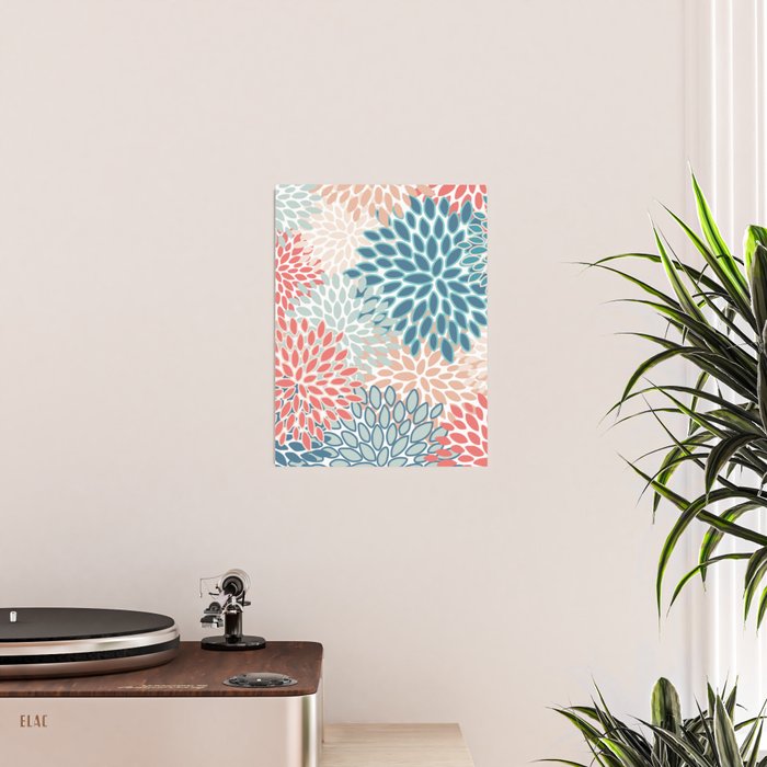 Festive, Floral Prints, Teal, Coral, Peach Poster Gallery Image 2