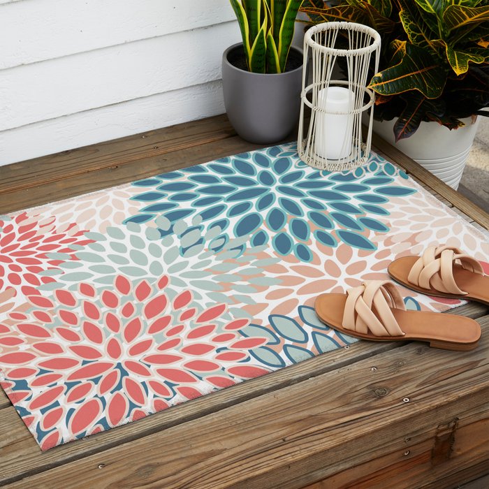 Festive, Floral Prints, Teal, Coral, Peach Outdoor Rug Gallery Image 2