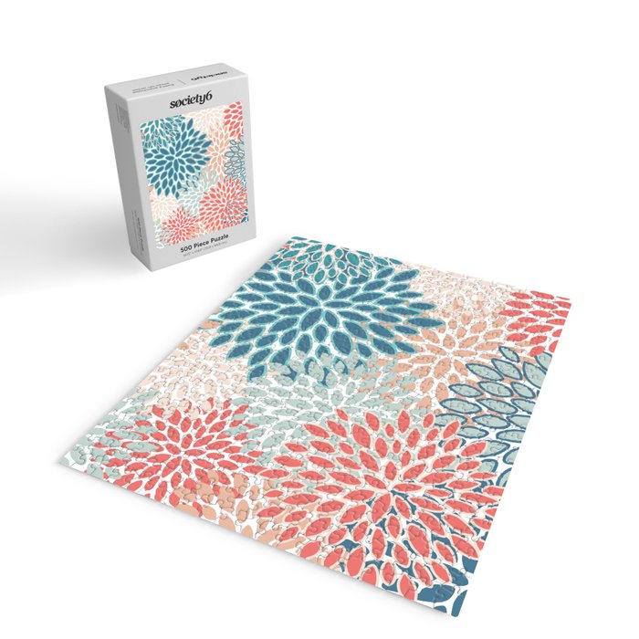 Festive, Floral Prints, Teal, Coral, Peach Jigsaw Puzzle Gallery Image 2