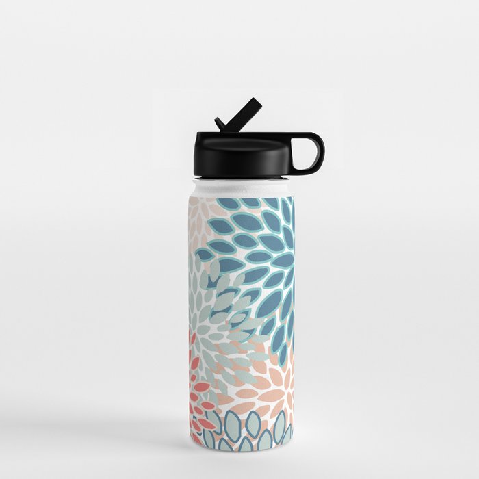 Festive, Floral Prints, Teal, Coral, Peach Water Bottle Gallery Image 1
