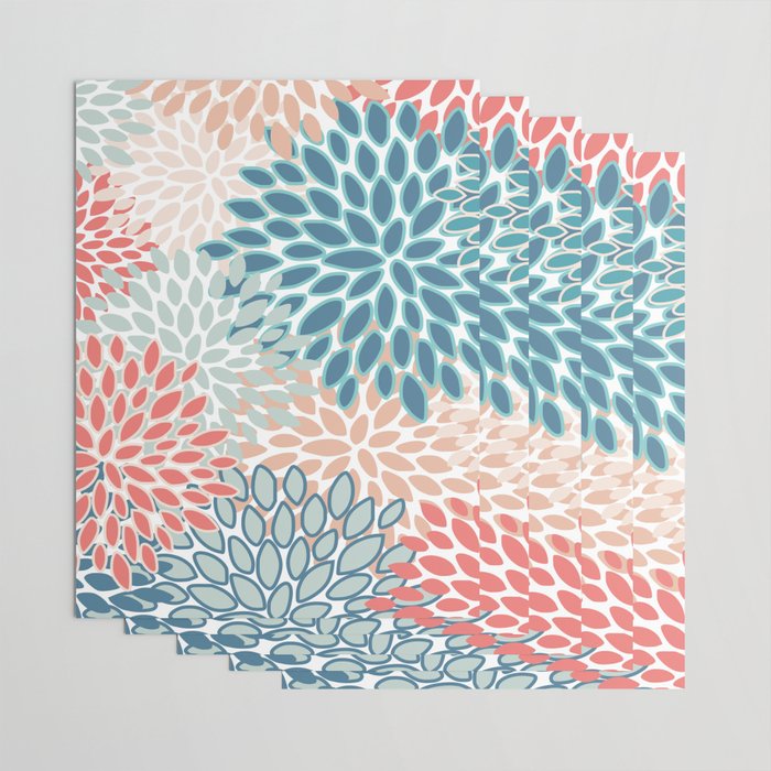 Festive, Floral Prints, Teal, Coral, Peach Wrapping Paper Gallery Image 3