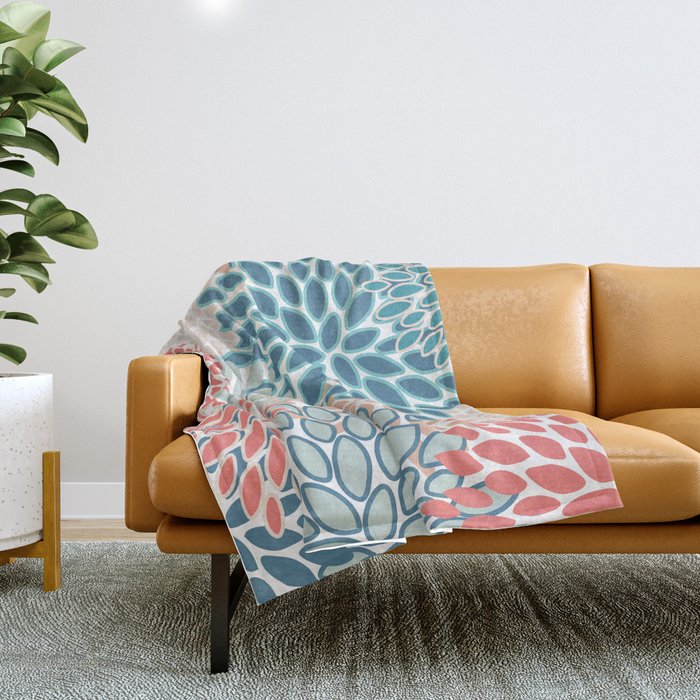 Festive, Floral Prints, Teal, Coral, Peach Throw Blanket Gallery Image 1