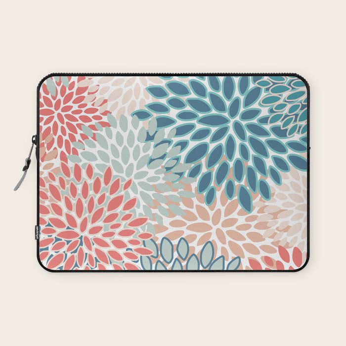 Festive, Floral Prints, Teal, Coral, Peach Laptop Sleeve Gallery Image 1