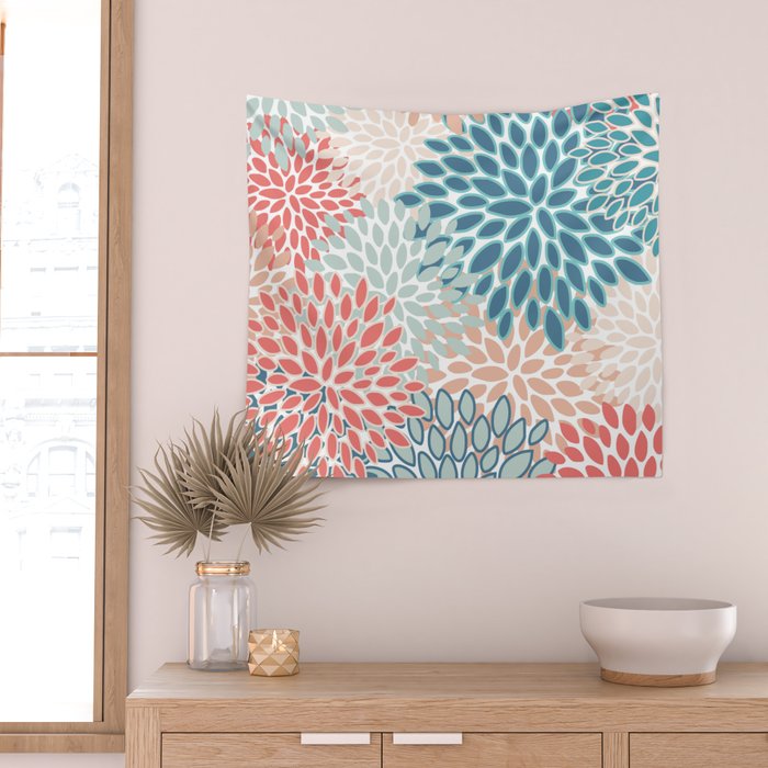 Festive, Floral Prints, Teal, Coral, Peach Wall Tapestry Gallery Image 2
