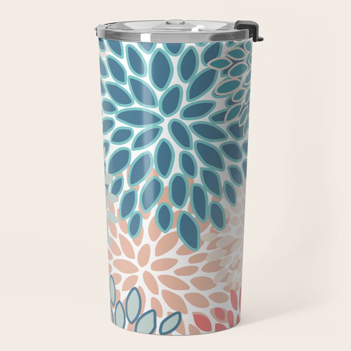 Festive, Floral Prints, Teal, Coral, Peach Travel Mug Gallery Image 2