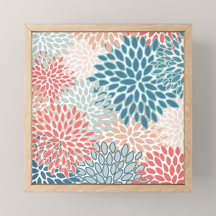Festive, Floral Prints, Teal, Coral, Peach Mini Art Print Gallery Image 1