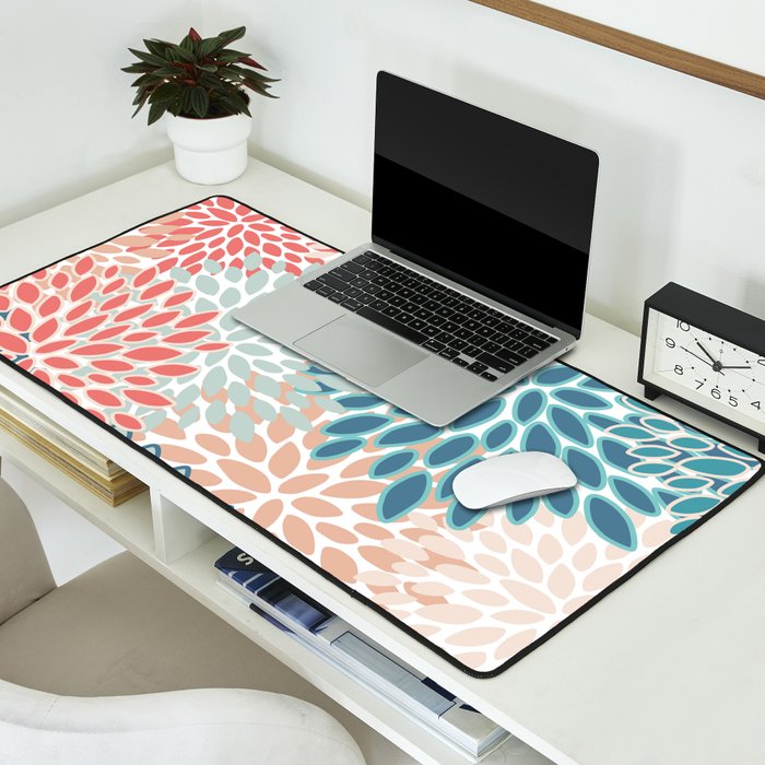Festive, Floral Prints, Teal, Coral, Peach Desk Mat Gallery Image 2