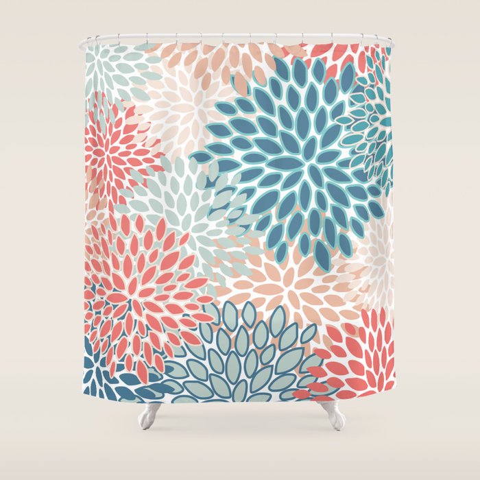 Festive, Floral Prints, Teal, Coral, Peach Shower Curtain Gallery Image 1